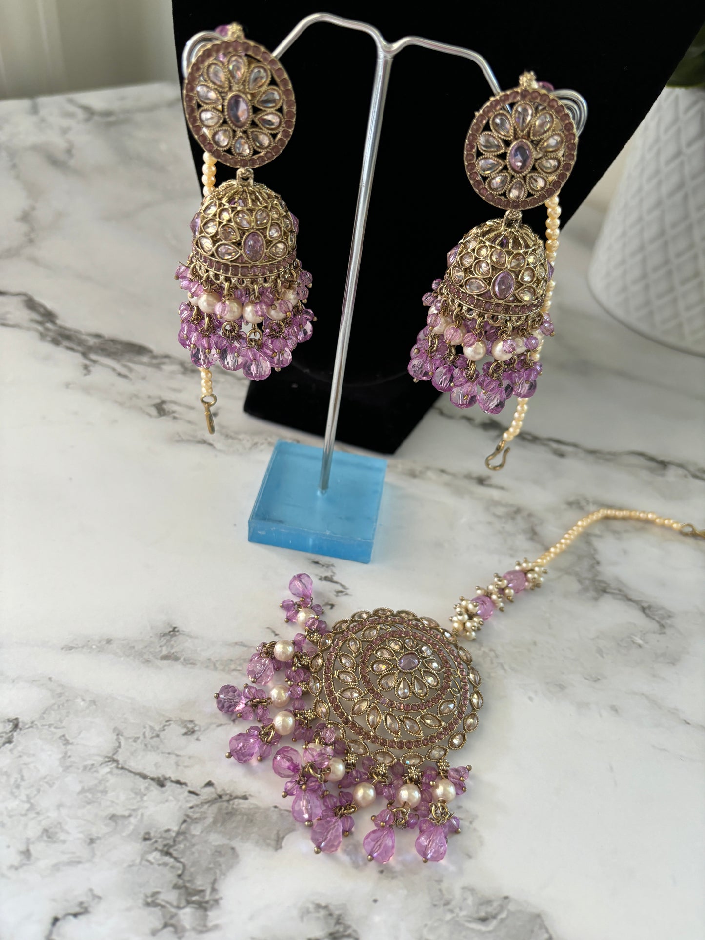 Lilac jhumka earrings and tikka set