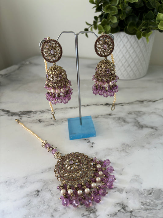 Lilac jhumka earrings and tikka set