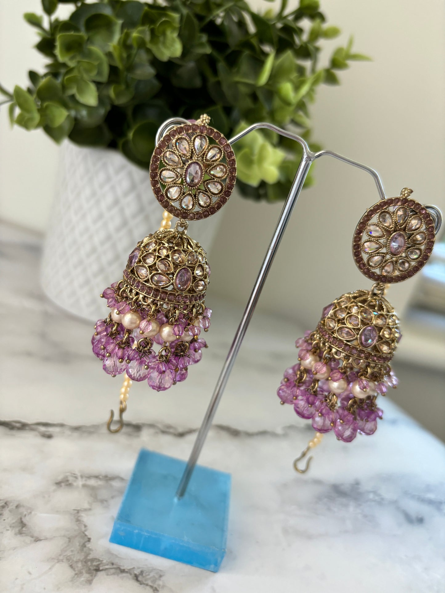 Lilac jhumka earrings and tikka set