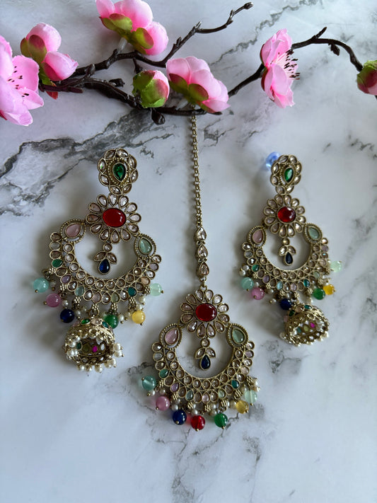 Mulit Polki Earrings & Tikka