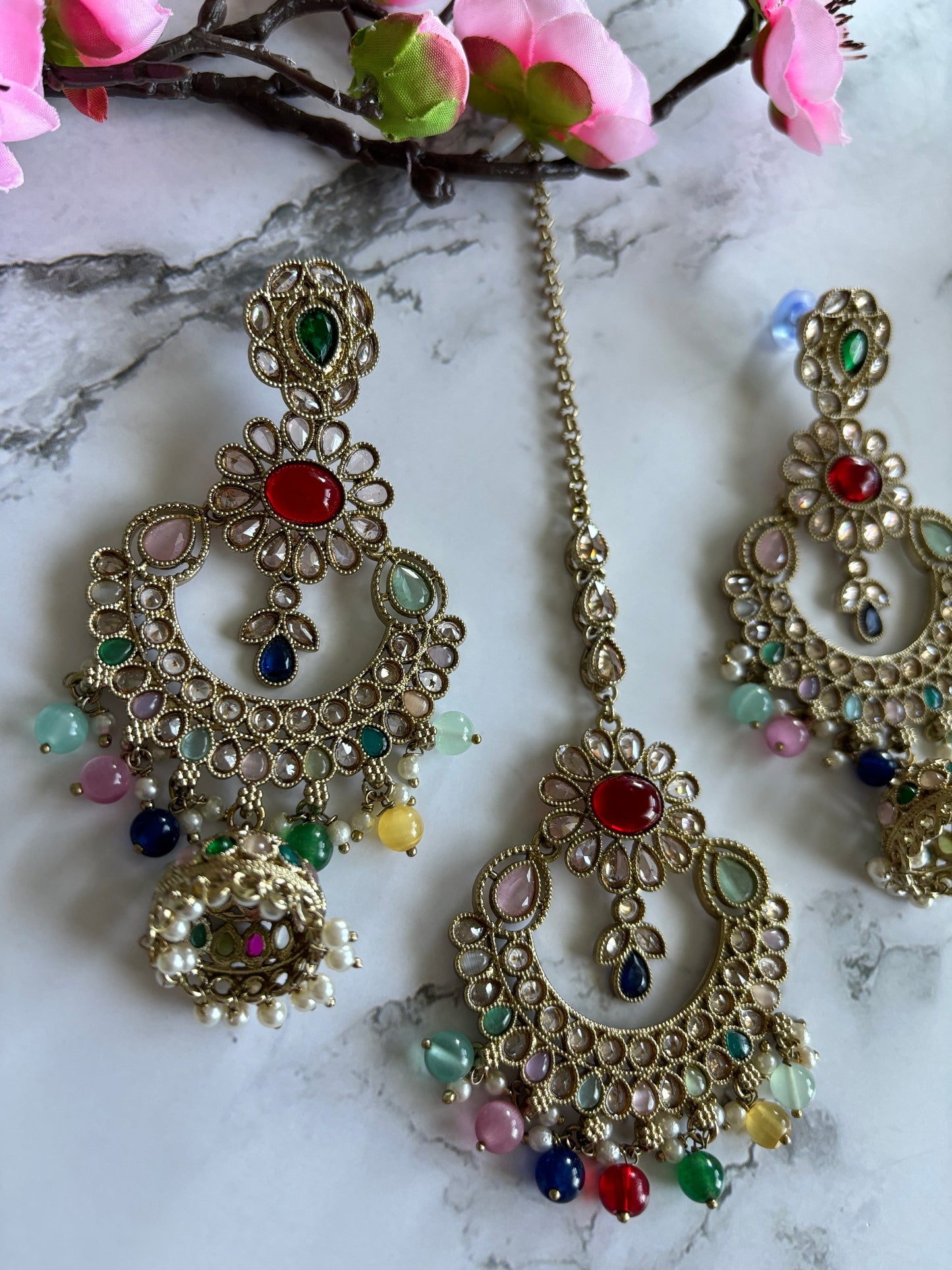 Mulit Polki Earrings & Tikka